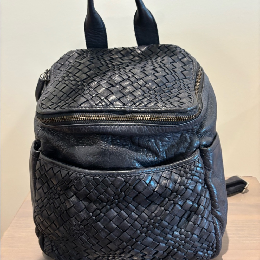 Navy Blue Woven Leather Backpack